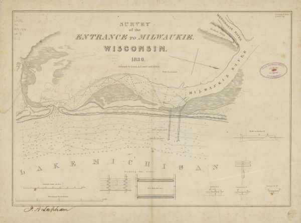 This map is oriented with the north to the lower right. Lake Michigan, the Menomonie River, and the Milwaukee River are labeled. Depths are shown by isolines and soundings. Relief is shown by hachures. Also included are four cross sections and diagrams of framing for cribs. The top margin reads: "25. Congress 2. Sessn. S. Doc. No. 175." The bottom margin is signed I.A. Lapham.