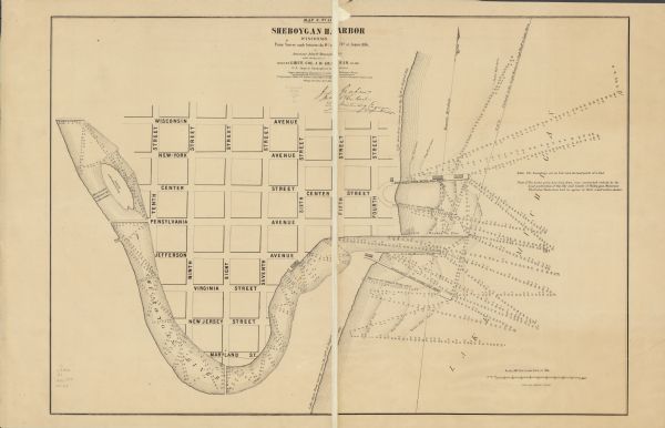 This map shows piers, wharves, streets, and the lake shore from the survey of August 1856. Lake Michigan and the Sheboygan River are labeled. Depths are shown by soundings and isolines. The top margin reads "Map G. No. 45" and "Accompanying Lt. Colonel J.D. Graham’s annual report (no. 161) to the Chief Topographical Engineer, dated Chicago, November 15th 1856."