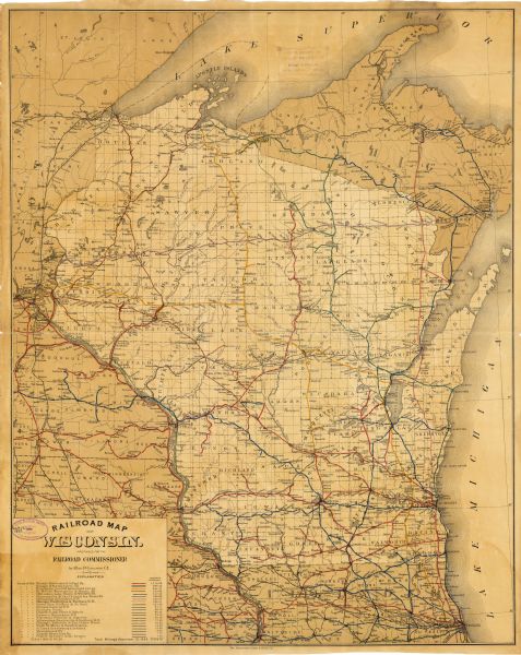 This map shows counties, lakes, railroads, and rivers. Lake Michigan, Lake Superior, and the Apostle Islands are labeled. A table of railroad lines with mileage in Wisconsin and total mileage as of December 31, 1888 is included.