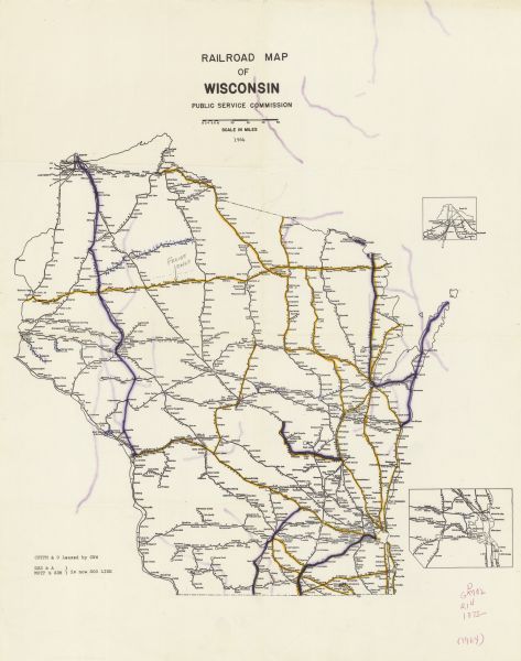 This map shows railroad routes and includes inset maps of Superior and vicinity and Milwaukee and vicinity. Some routes are outlined in yellow and purple ink. Also included are manuscript annotations in pencil and ink.