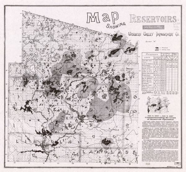 This map shows reservoirs, drainage areas, and parts of of Lincoln, Langlade, Forest, Oneida, and Vilas counties. Includes 1 inset map of corrections for Range XI and XII and a table of reservoirs, dam locations, and dimensions. Also included are notes about the map, Wisconsin Valley Improvement Company, and A.A. "Archie" Babcock Jr.