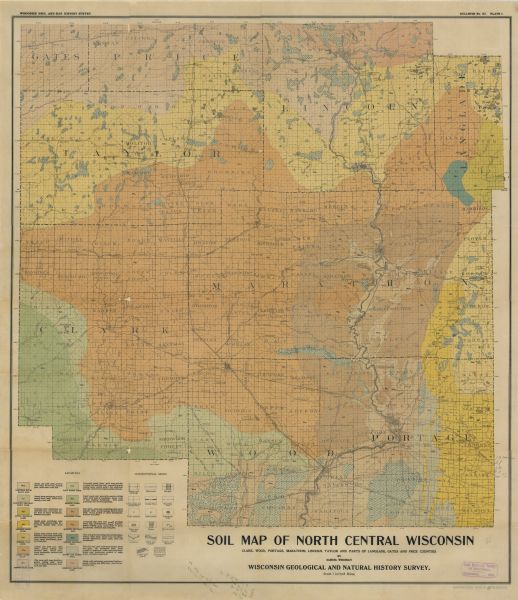 This map shows lakes, rivers, railroads, and the soil types of towns and counties. A legend of soil types and conventional signs is included. Relief is shown by spot heights. The top left margin reads: "Wisconsin Geol. and Nat.History Survey," and the top right reads: "Bulletin XI. Plate I."