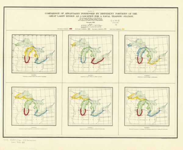 This map includes six diagrams of the Great Lakes Region comparing advantages of geographical positions and strategic considerations. Portions of Iowa, Illinois, Michigan, Indiana, Ohio, New York, and Pennsylvania are labeled. Areas compared are colored in red, yellow, green, and blue and an index is included. The bottom margin reads:"U.S. 57th Cong. 2d Session, Sen Doc. 45."