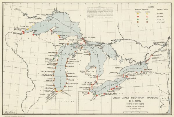 This map shows cities with improved harbors along the Great Lakes.  A portion of Illinois, Michigan, Ohio, Ontario, and Quebec are also shown. A legend and a note on improved depths is included representing federal and private harbors in yellow, red, green, and brown.
