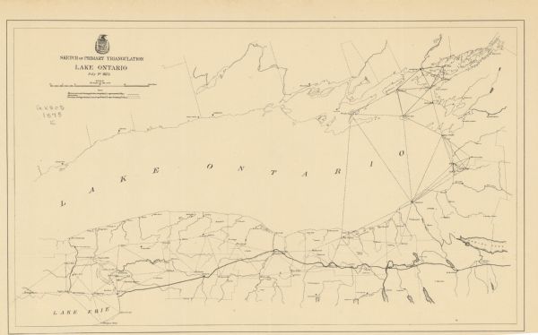 This map shows Lake Ontario, and a portion of Lake Erie and Oneida Lake. Towns surrounding these lakes in Canada and New York are labeled. A key to former and uncompleted triangulation is also included.