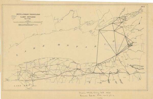 This map shows Lake Ontario, and a portion of Lake Erie and Oneida Lake. Towns surrounding these lakes in Canada and New York are labeled. A key to former and uncompleted triangulation is also included. Inscribed in black ink, the bottom the map reads: "From 44th Cong. 2nd sess. House Exec. Doc. no. 1 pt. 2 1876."