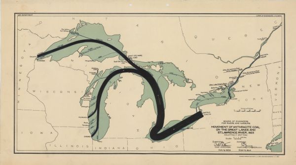This map shows the movement of anthracite coal throughout Minnesota, Wisconsin, Ontario, Quebec, Michigan, Illinois, Indiana, and New York.  Iowa, Vermont, Massachusetts, and Connecticut are also labeled. Quantities of coal are labeled in short tons.