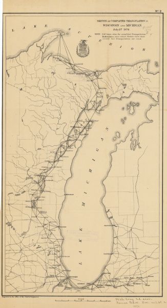 This map shows eastern Wisconsin, Lake Michigan, western Michigan, northeastern Illinois, and the southern part of Lake Superior. A note is included that reads: "Full lines show the completed Triangulation.  Broken lines show where Stations have been erected but Triangulation not read."