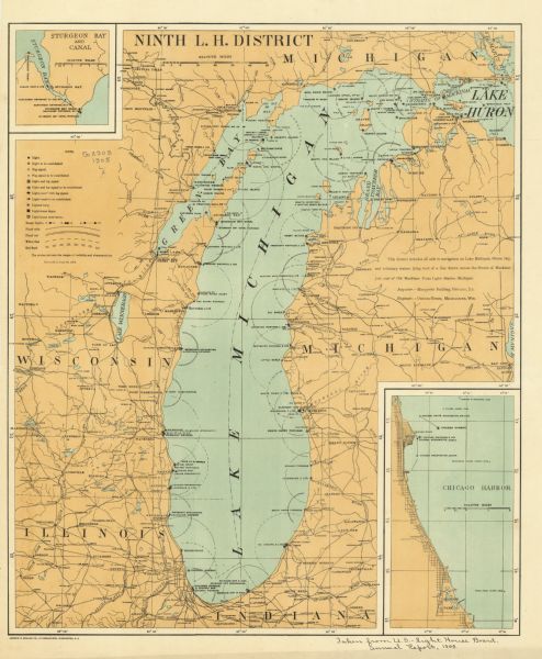 This map shows railroads, towns, lights, lights to be established, fog signals, light-vessels, lighted buoys, light-house depots, and light-house reservation in portions of Wisconsin, Michigan, Illinois, and Indiana. The right margin reads: "This district includes all aids to navigation on Lake Michigan, Green Bay, and tributary waters lying west of a line drawn across the Straits of Mackinac just east of Old Mackinac Point Light-Station, Michigan. Inscribed in ink, the bottom right margin reads: "Taken from: U.S. Light House Board annual report, 1905."  Also includes a key and an inset map of Sturgeon Bay and Canal and an inset of Chicago Harbor.