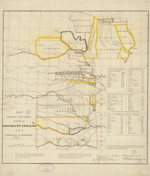 This map shows rivers, roads, military posts, and geographical locations by tribe. Includes treaty notes and tables of Indian population statistics by tribe and location. Some Indian lands are outlined in pink, yellow, green, or blue.