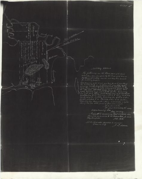 This photostat of a manuscript map originally drawn in 1829 shows landownership, buildings, including Fort Howard and U.S. sawmill, swamps, public barns and fields, and a brick yard. The right side of the map includes extensive manuscript annotations and is signed by J.L. Adam.