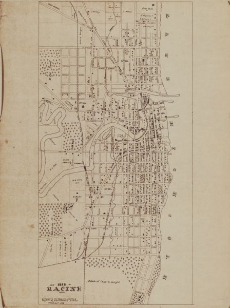This map on 5 sheets features a title page sheet with business directory and shows section numbers, roads, railroads, saw mills, churches, blacksmith shops, timber lots, cemeteries, residences, timber lots, rivers, and marshes. The map also includes 4 inset maps titled: "City of Racine, Wisc., 1858," "Rochester 1858," "Burlington 1858," and "1858 Waterford." Illustration sheets include views of the city of Racine and buildings.