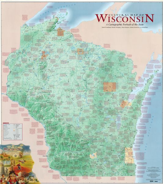 This map shows roads, lakes, points of interest including colleges, trails, historic communities and sites, museums, and parks. Also included are descriptive notes for points of interest. The lower right margin includes an illustration and reads: "Wisconsin’s history, culture, land & people, more than 1200 sites of interest." The reverse includes sixteen local area cultural maps and six state thematic maps emphasizing connections between landscapes and cultures. Local maps include Superior, Eau Claire, Wausau, Green Bay, Oshkosh, Appleton, Manitowoc and Two Rivers, Sheboygan and Kohler, La Crosse, Madison, Stevens Point Janesville and Beloit, Kenosha and Racine, Milwaukee, and downtown Milwaukee. Thematic maps include Economic Regions of Wisconsin, the Ethnic Pattern, ca. 1940, The Advance of the Euro-American Settlement Frontier, 1830-1920, Native American Settlement, ca. 1830, Wisconsin Vegetation, and Glaciation and Wisconsin Landscapes. Images are also included.