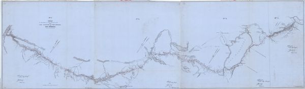 This map is red and black ink on tracing cloth and is oriented with north to the upper left. This hand-drawn map shows a central portion of the military road, in the region of Portage and Fort Winnebago as well as nearby trails, towns, and Indian settlements.