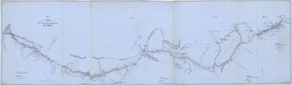 Map of the Route of the Military Road from Fort Crawford to Fort Howard Via Fort Winnebago This map is red and black ink on tracing cloth and is oriented with north to the upper left. This hand-drawn map shows a central portion of the military road, in the region of Portage and Fort Winnebago as well as nearby trails, towns, and Indian settlements.