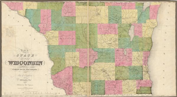 The State of Wisconsin Compiled from the Latest Authorities This map show the surveyed southern part of state and includes "profile of the Milwaukee and Mississippi Rail Road." Counties are shown in pink, green, blue, and yellow. Lake Michigan, the Mississippi, and other lakes and rivers are labeled. Portions of Iowa and Minnesota are shown.