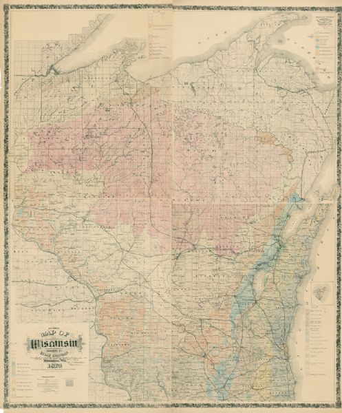 Sectional Map of Wisconsin This map shows lakes, rivers, state, county, and town boundaries, as well as railroads completed, in progress, and contemplated. The map includes a color diagram: blue "Niagara Group," green "Cincinnati Group," brown "Galena Limestone," light blue "Blue Bluff (Ironton) Limestone," light orange "St Peter's Sandstone," coral "Lower Magnesium Limestone Red Lead," yellow "Potsdam Sandstone," orange "Quartzytes & Huronian," pink "Granyte & Laurentian." Below the title it reads: "Entered according to act of Congress in the year 1873 by S. Chapman with the Librarian of Congress at Washington."