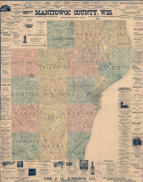 This map shows lakes, roads, railroads, townships, and land ownership by name. Counties are colored red, blue, or yellow. Lake Michigan is labeled. Also includes advertisements and illustrations. The top margin reads: "Population in 1900 42,261." Near the top margin, written in black, reads: "1903."