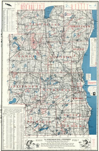This map shows lakes arranged by county, depth maps of selected larger lakes, and enlargements of Mississippi River areas. The map also includes locations of lakes, rivers, and streams.