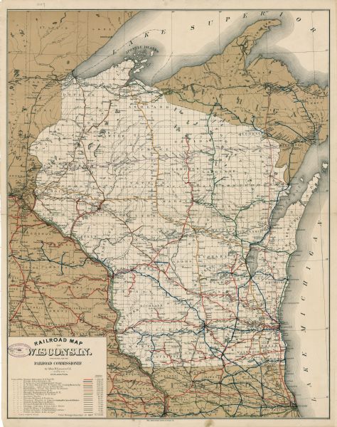 This map shows lakes, railroads, and rivers. An explanation of railroad lines with mileage in Wisconsin and total mileage for 1887 is included. Portions of Lake Michigan, Lake Superior, Illinois, Iowa, Michigan and Minnesota are labeled.