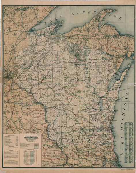 This map shows lakes, railroads, and rivers. Also includes an explanation of railroad lines and mileage, information on state institutions, normal schools, lands available for settlement, fish and game and a table showing miles from cities to Milwaukee. Portions of Lake Michigan, Lake Superior, Illinois, Iowa, Michigan and Minnesota are labeled.