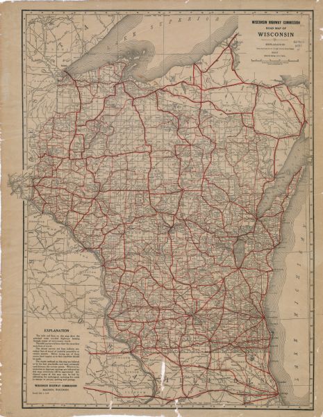 This map shows highways, roads, routes, communities, rivers, and lakes. Wide red lines show principle highways. Narrow red lines show secondary roadways or routes of questionable passability. Lake Michigan, Lake Superior, and the Mississippi River are labeled.