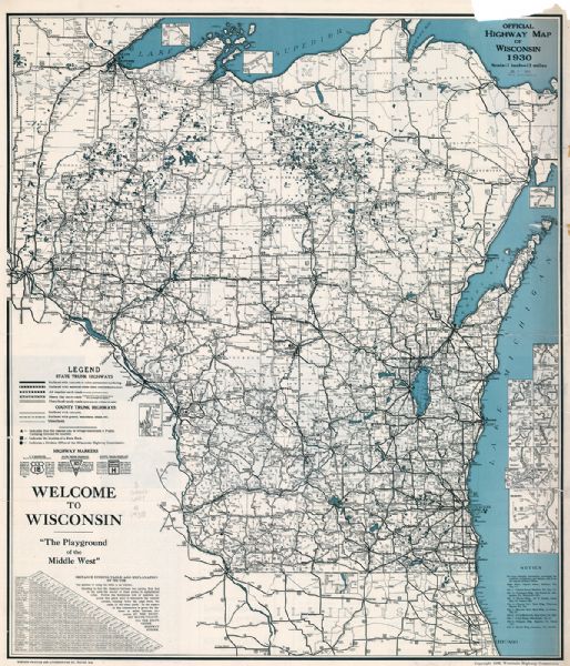 This map shows the state trunk highway system and county trunk highways. This map show surface type on state and county trunk highways and the locations of state parks and free public camp grounds. Lake Michigan and Lake Superior are labeled, as well as communities. The map also includes inset maps of La Crosse, Superior, Ashland, Marinette, Green Bay, Appleton, Manitowoc, Oshkosh, Fond Du Lac, Janesville, Sheboygan, Stevens Point, Wausau, Waukesha, Madison, Eau Claire, Milwaukee, Racine, Kenosha, and Beloit.
