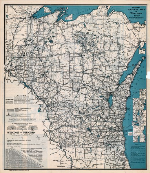 This map shows the state trunk highway system and county trunk highways. This map show surface type on state and county trunk highways and the locations of state parks and free public camp grounds. Also included is a distance finding table and explanation of its use. The map includes a distance table and insets of Superior, Ashland, Marinette, Green Bay, Appleton, Manitowoc, Oshkosh, Fond Du Lac, Janesville, Sheboygan, Stevens Point, Wausau, Waukesha, Madison, Eau Claire, Milwaukee, La Crosse, Beloit, Racine, and Kenosha. The back of the map includes text pertaining to Wisconsin scenery and state parks, and an ancillary map of "Pictorial history of Wisconsin" by Laura R. Kremers.