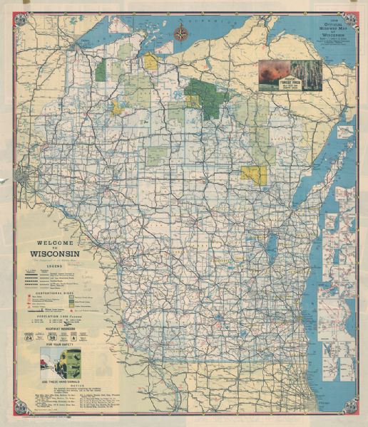 Official Highway Map of Wisconsin This map shows the state trunk highway system and county trunk highways. This map show surface type on state and county trunk highways and the locations of state parks and free public camp grounds. National forests, state forests, and Indian reservations are shown in color. Also included is a distance finding table and explanation of its use. The map includes mileage chart and insets of Superior, Ashland, Marinette, Green Bay, Appleton, Manitowoc, Oshkosh, Fond Du Lac, Janesville, Sheboygan, Stevens Point, Wausau, Waukesha, Madison, Eau Claire, Milwaukee, La Crosse, Beloit, Racine, and Kenosha.