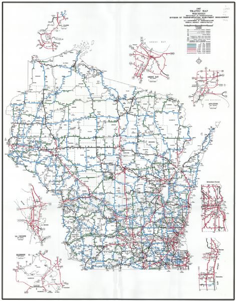 This map shows the annual average of daily traffic for 1997. Includes insets of Milwaukee County; Eau Claire and vicinity; Green Bay and vicinity; Appleton and vicinity; Racine-Kenosha; Madison and vicinity; and La Crosse and vicinity. A legend is also included.