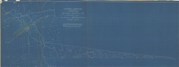 This blueprint map covers the boundary area between Lake Superior and the Lac Vieux Desert. The map reads: "Land lines, streams, lakes, railroads, cities and the above title on this map are traced from a blue print map received from the State of Michigan in relation to the interstate boundary question. On this base have been drawn outcrops and geological formation boundaries as determined by the field work of the Wisconsin Geological and Natural History Survey."