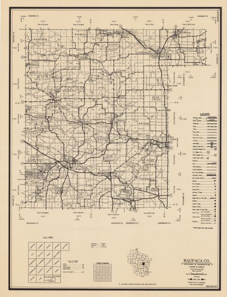 This map includes a diagram on the bottom left margin showing civil towns, a township numbering system, state highways, roads, lakes, and a legend on the right hand margin.