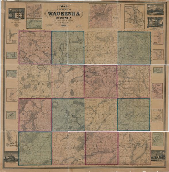 This hand-colored map shows township and range in pink, blue, yellow, and orange, land ownership, includes 16 city inset maps showing land ownership, and 5 illustrations of local buildings. The top of the map reads: "Entered according to act of Congress in the year 1859 by H.F. Walling in the clerks office of the district court of the United States for the Southern District of New York". The inset maps are: Delafield, Hartland (Delafield), Monterey (Oconomowoc), Mapleton (Oconomowoc), Waukesha, Oconomowoc, Merton, Menomonee Falls, Brookfield, Pewaukee, Genesee, Prattsburg, Waterville (Summit), North Prairie (Genesee), Eagle, and Mukwonago.
