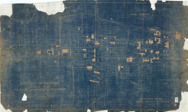 This manuscript blueprint map shows land conditions for future construction development on the University of Wisconsin-Madison campus. It highlights roads and buildings.