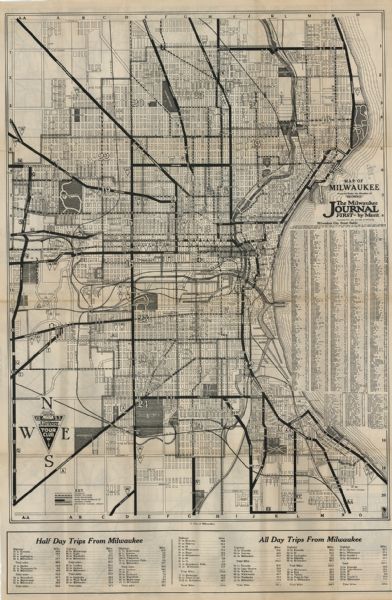 This map shows the routes of half-day and all-day trips from the  Milwaukee area. The map highlights roads, land parcels, routes and destinations. Lake Michigan is on the far right.