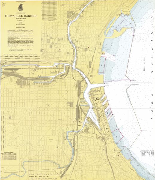 This map shows the harbor, streets, and some buildings. Also includes the Menomonee River, the Kinnickinnic River, the Municipal mooring Basin, and Lake Michigan. The upper left corner includes an explanation and the bottom left corner includes a chart of fathoms and feet to meters.