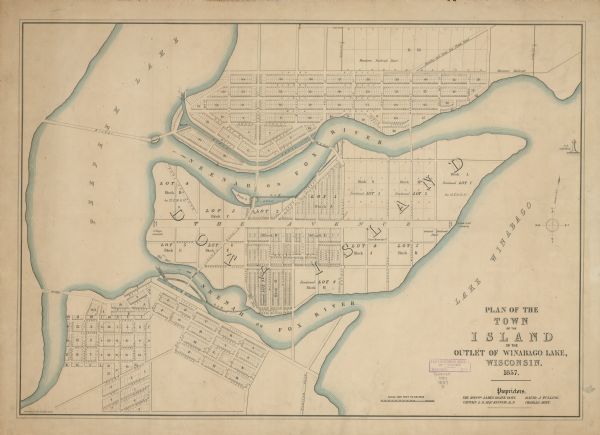 This map shows lot and block numbers, streets, railroad depots, locks, bridges, dams, canals, U.S. light house, college grounds, a steam boat landing, and the court house square. Lakes and rivers are labeled left to right as: Peepeek Lake, Neenah or Fox River, and Lake Winabago. The island is labeled Doty Island.