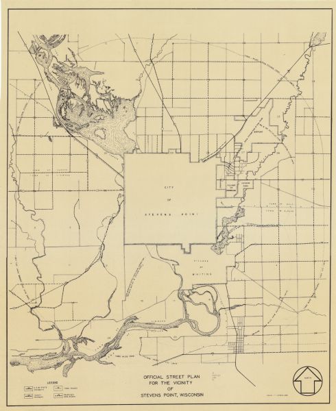 This blueline print shows roads and proposed roads in parts of the Towns of Carson, Hull, Linwood, and Plover, as well as boundaries and lines demarking extra-territorial jurisdiction of Stevens Point, Whiting, Park Ridge, Iverson Park and the airport. The Wisconsin River is labeled. 
