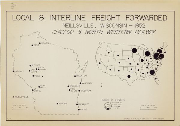 This dot density map shows the number of shipments in 1952 throughout Wisconsin and to other United States destinations from Neillsville. Mellen, Cable, Bloomer, Stanley, Prescott, Eau Claire, Thorp, Camp McCoy, La Crosse, Madison, Racine, Milwaukee, Fond du Lac, Sheboygan, Oshkosh, Manitowoc, and Green Bay are labeled.