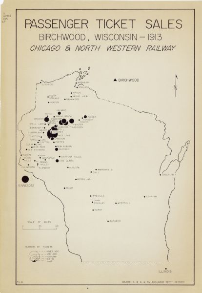 This dot density map shows tickets sold in 1913, by destination, from Birchwood, Wisconsin. Several communities are labeled. The bottom right corner has a legend of number of tickets.