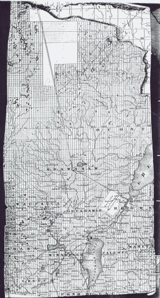 This map shows a proposed route of for a road linking military forts. The map also includes communities, lakes, and rivers. The map is accompanied by a report of preliminary survey by U.S. Deputy Surveyor, John V. Suydam, plus a listing of legal descriptions of lands through which the road was to run.
