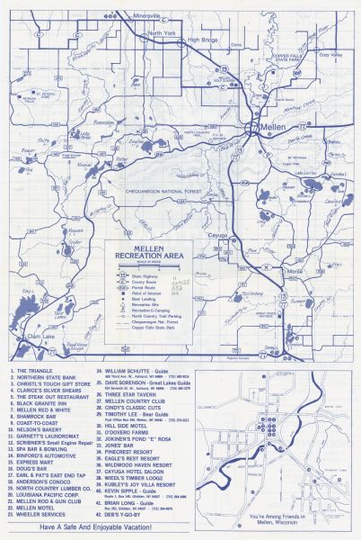 This map shows the locations of 42 businesses, roads, points of interest, recreation sites, camping, the North Country Trail and parking, and boundaries of Chequamegon National Forest and Copper Falls State Park in part of Ashland County. The front of the map includes an inset map and the back includes advertisements for local businesses.