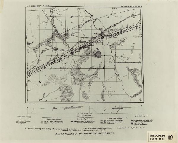 This map shows rivers, lakes, railroad lines, roads, and communities in addition to geological data. The map includes cross-sections in the bottom margin as well as a legend.