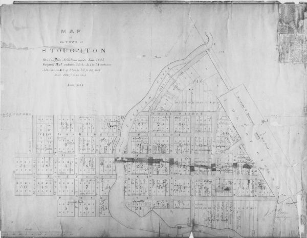 This map shows the additions made in January 1855, as well as houses, streets, Catfish Creek, and the Milwaukee and Mississippi Rail Road and Depot. It also includes manuscript annotations circa 1868 showing landownership and vacated land. Mounted at upper right is a text of city ordinances concerning the vacation of part of town. A note under the title of the map reads "Original plat embraces blocks no. 1 to 34 inclusive. Additions consist of blocks 35 to 52 incl."