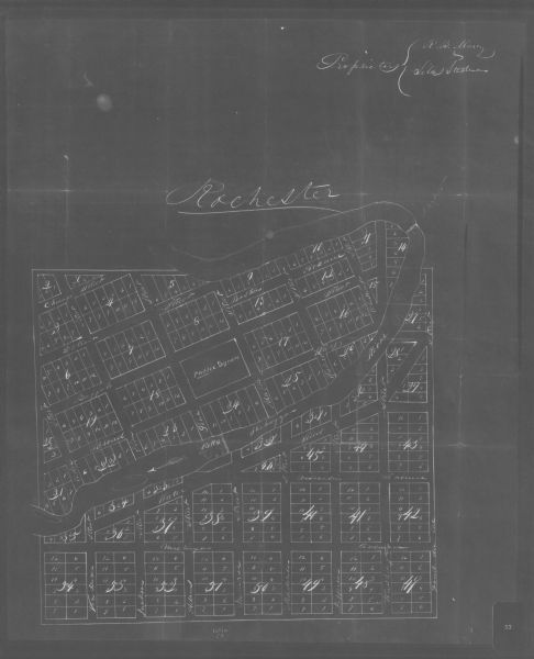 This manuscript cadastral map shows Sheboygan Falls under its earlier name of Rochester. It shows land parcels, the Sheboygan River, roads, and parks. The backs of this map includes certifications and registrations.