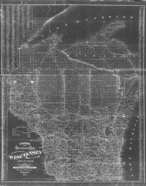 This map shows county boundaries, towns, waterways,towns, railroads and proposed railroads, Lake Michigan and Superior. A Portion of Michigan is visible. Original caption reads, "Entered according to Act of Congress in the year 1873 by G.F. Cram, in the office of the Librarian of Congress, Washington, D.C." Includes census tables by counties and by towns along the edges of the map.
