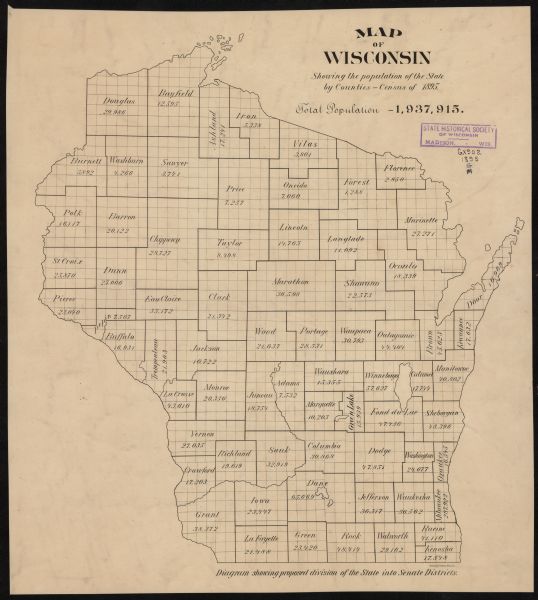 This map shows the populations for each county in accordance with the census of 1895. The original captions read, " Total population-1,937,915. Diagram showing proposed division of the state into senate districts."