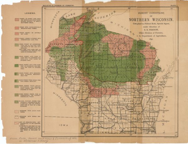This map shows the conditions of the forest. Includes a color legend in left margin, depicting the various conditions. Original caption reads, "Compiled by Filibert Roth, Special Agent under the direction of B.E. Fernow Chief, Division of the Forestry, U.S. Department of Agriculture, 1897."  County boundaries, cities, rivers, Lake Michigan and Lake Superior are labeled. Portions of Iowa, Minnesota, and Illinois are seen.