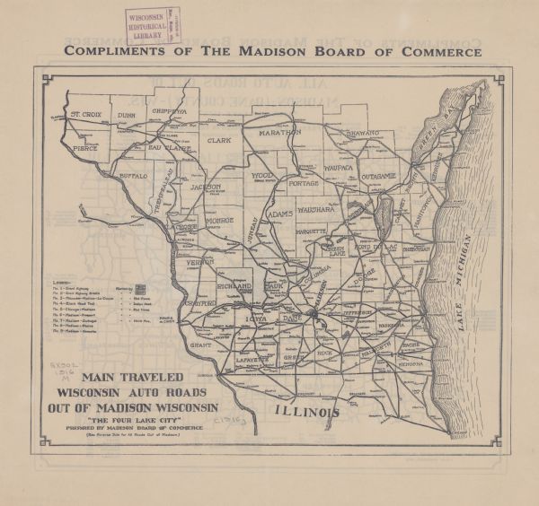 The map on the front shows roads from Madison to northern Illinois and as far north as St. Croix, Chippewa, Marathon, and Shawano counties. The map on the back shows roads in Dane County, along with distances in miles to various cities in each direction. County boundaries, lakes, and rivers are also labeled. Lake Michigan is on the far right side.