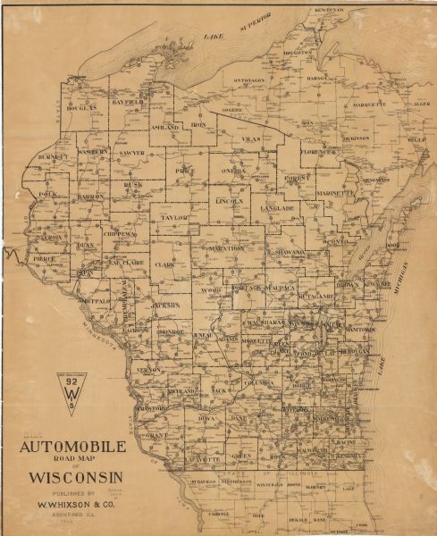 Automobile Road Map of Wisconsin This map shows the numbered state trunk highways, county boundaries, cities, rivers and lakes. Lake Michigan is on the far left, with Lake Superior at the top. Included are portions of Illinois and the Upper Michigan Peninsula.